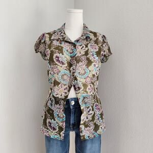 Vintage Y2K Charlotte Russe Sheer Paisley Ruffle Button Blouse Olive Purple M